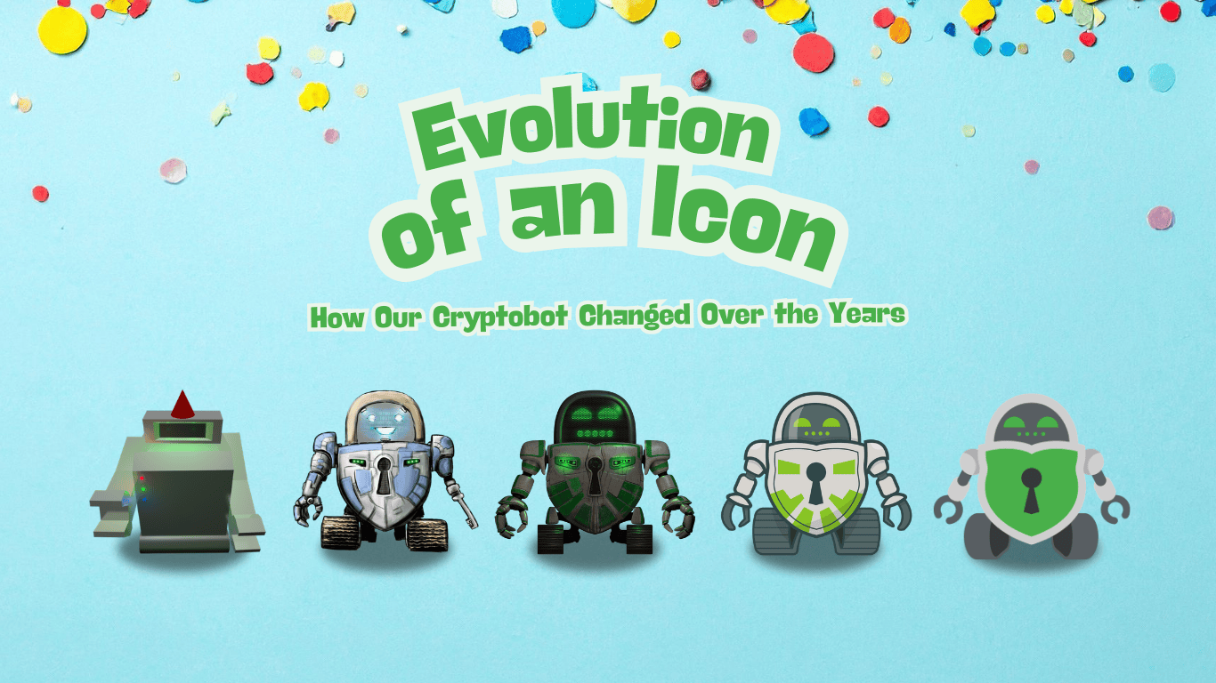 Evolution of the Cryptomator icon from the early 'washing machine' design to today's Cryptobot