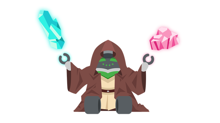 Cryptobot trägt Jedi-Roben und lässt einen Kyber-Kristall und einen Dilithium-Kristall mit der Macht schweben