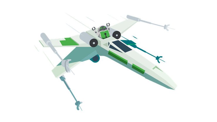 Cryptobot sitzt im Droidensockel eines X-Wing-Jägers und hat großen Spaß beim Flug durch den Weltraum