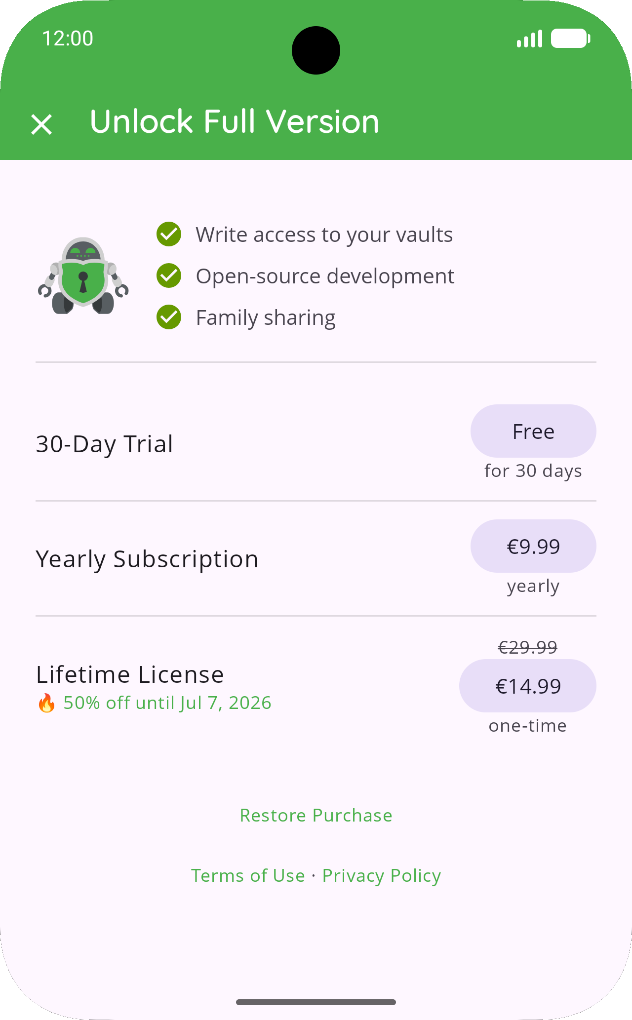 The Unlock Full Version screen in Cryptomator for Android, showing the 30-day trial, yearly subscription, and lifetime license options