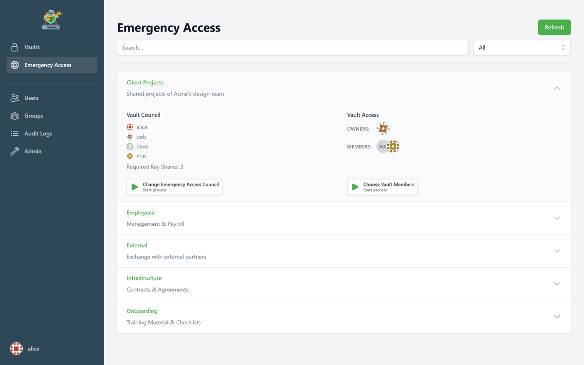 The Emergency Access overview with the vault council in Cryptomator Hub 2.0.0
