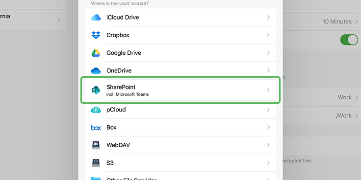 Screenshot of Cryptomator for iOS showing the new SharePoint (incl. Microsoft Teams) entry