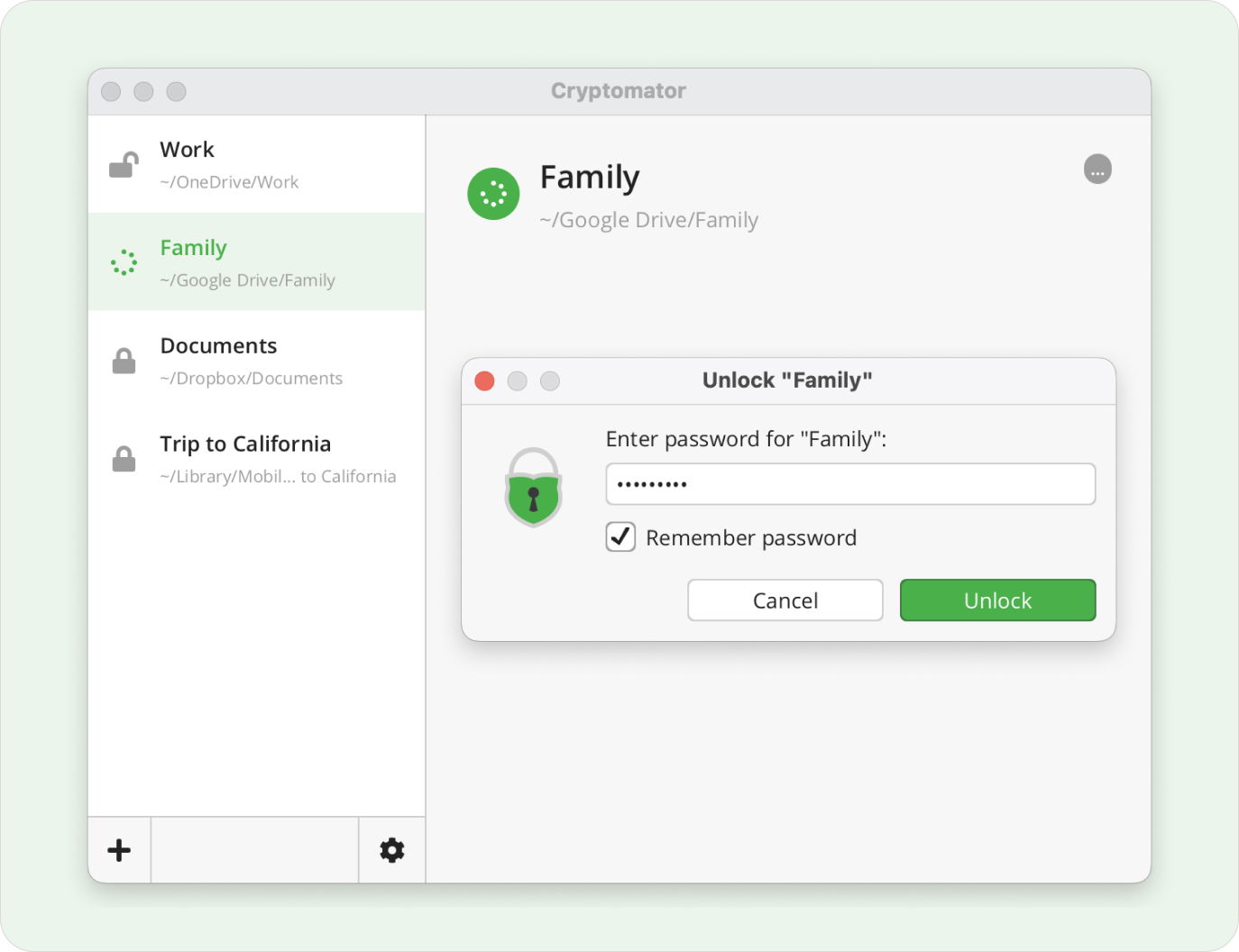 Cryptomator app interface with multiple vaults