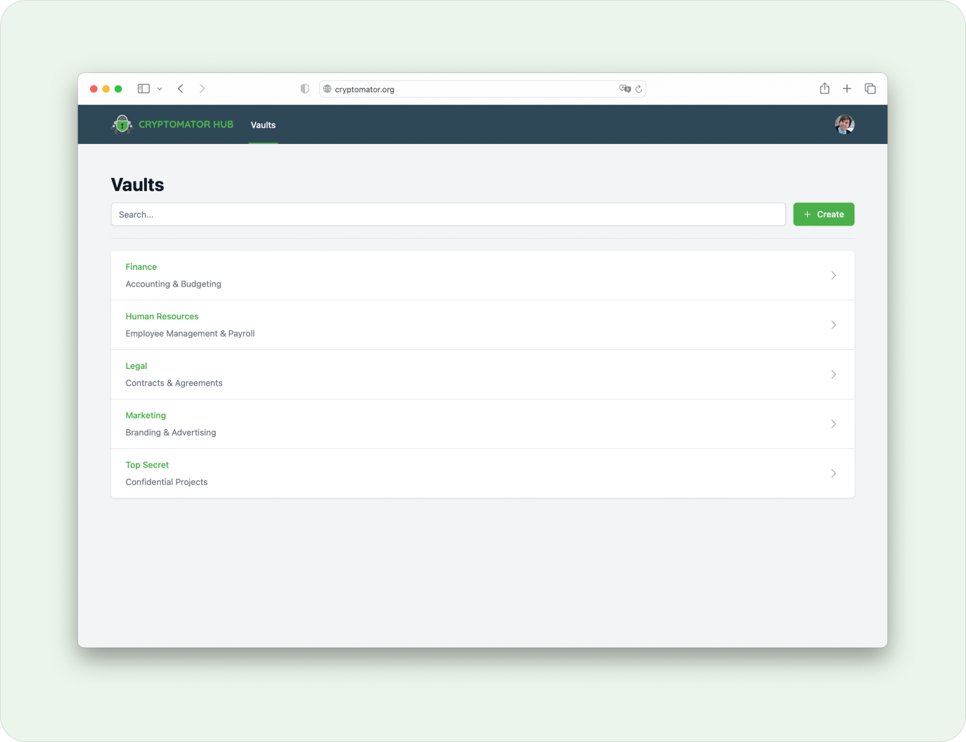 Cryptomator Hub interface with multiple vaults