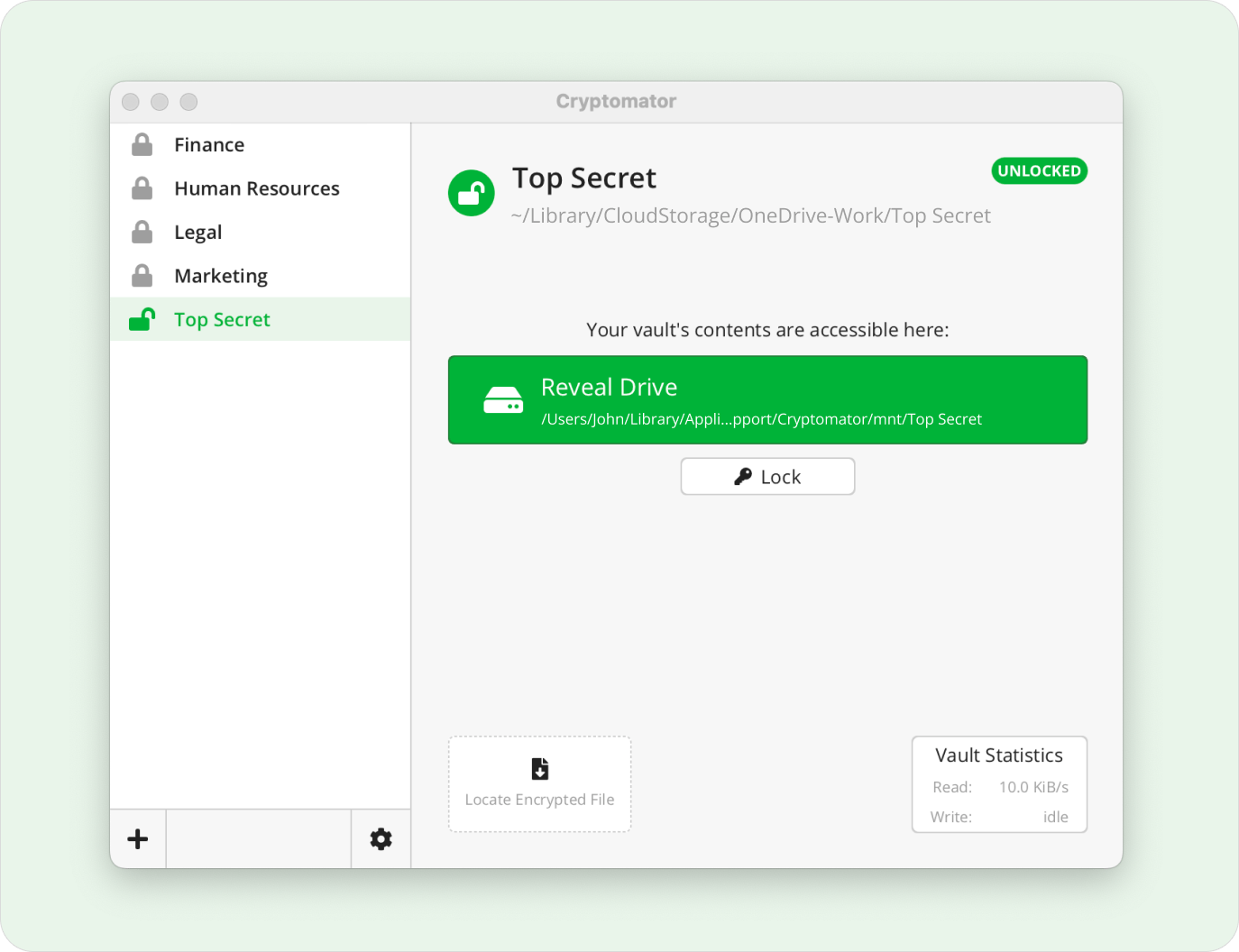 Cryptomator app interface with multiple vaults