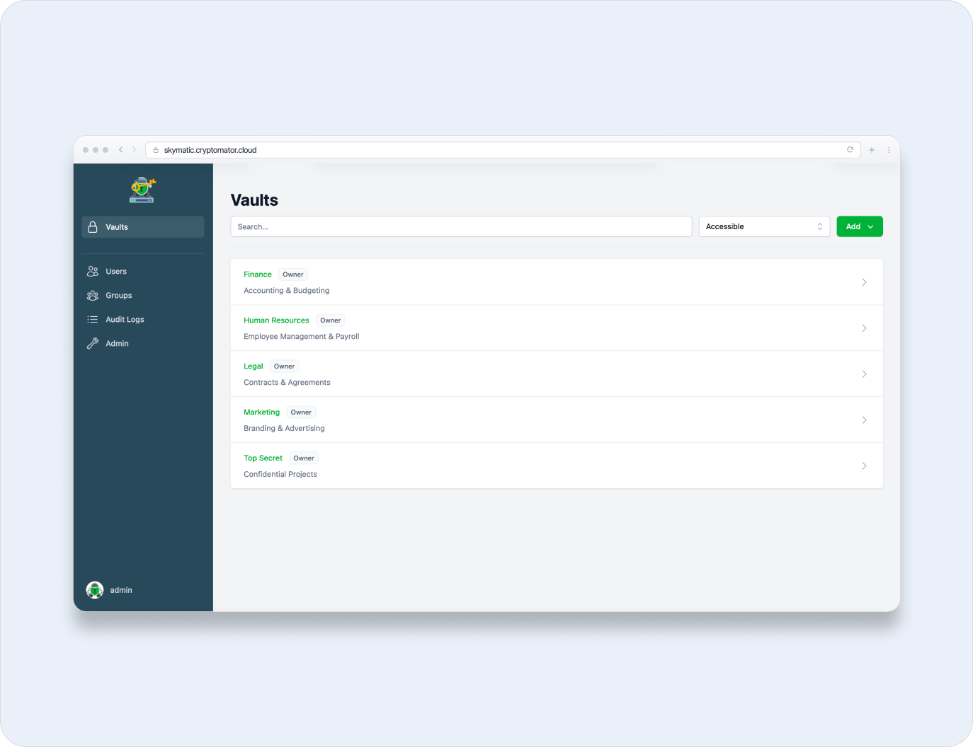 Cryptomator Hub interface with multiple vaults