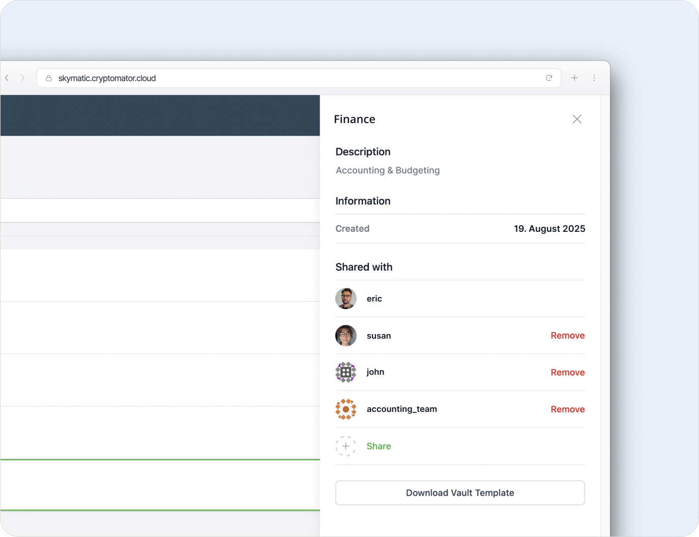 Access management for a vault