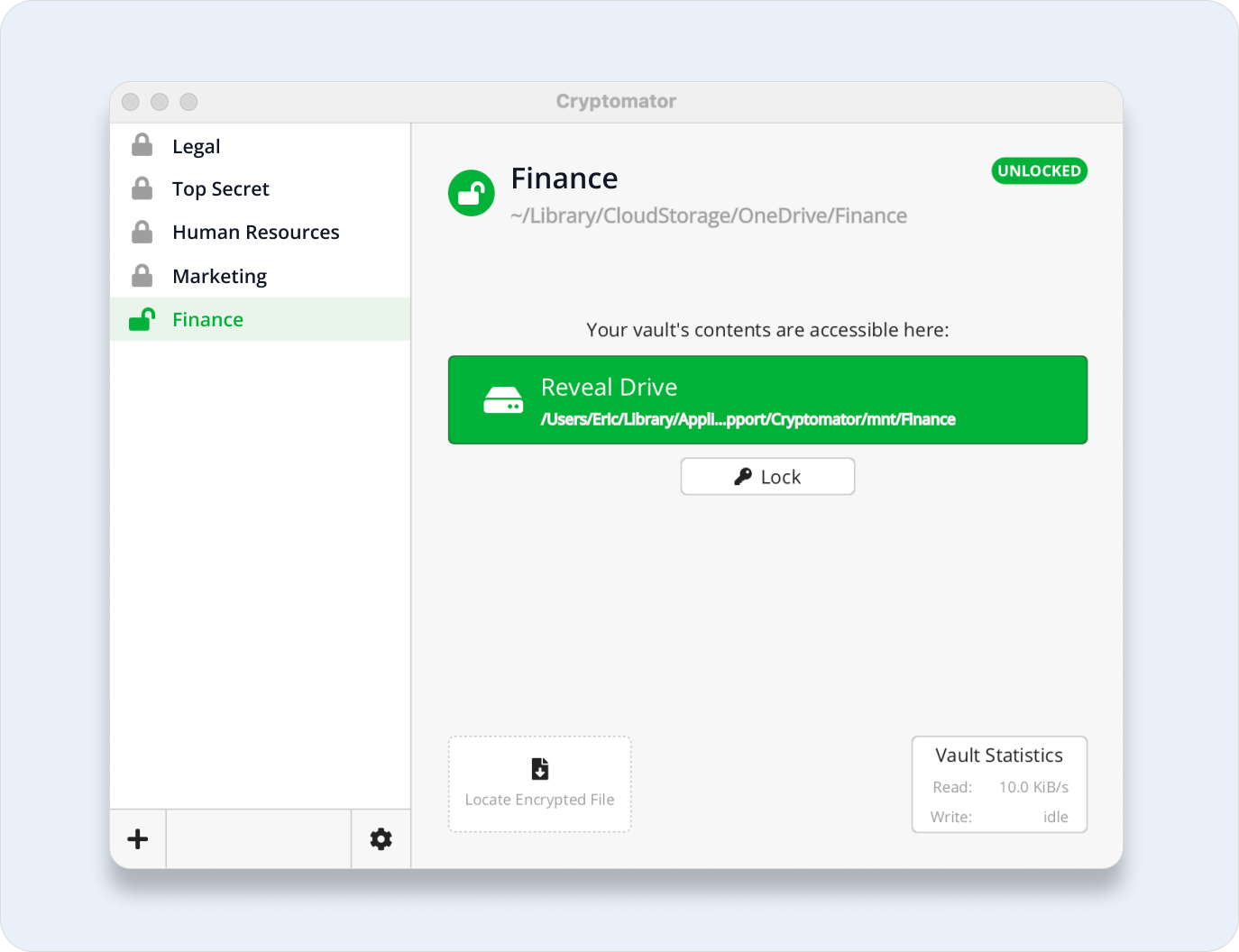Cryptomator app interface with multiple vaults