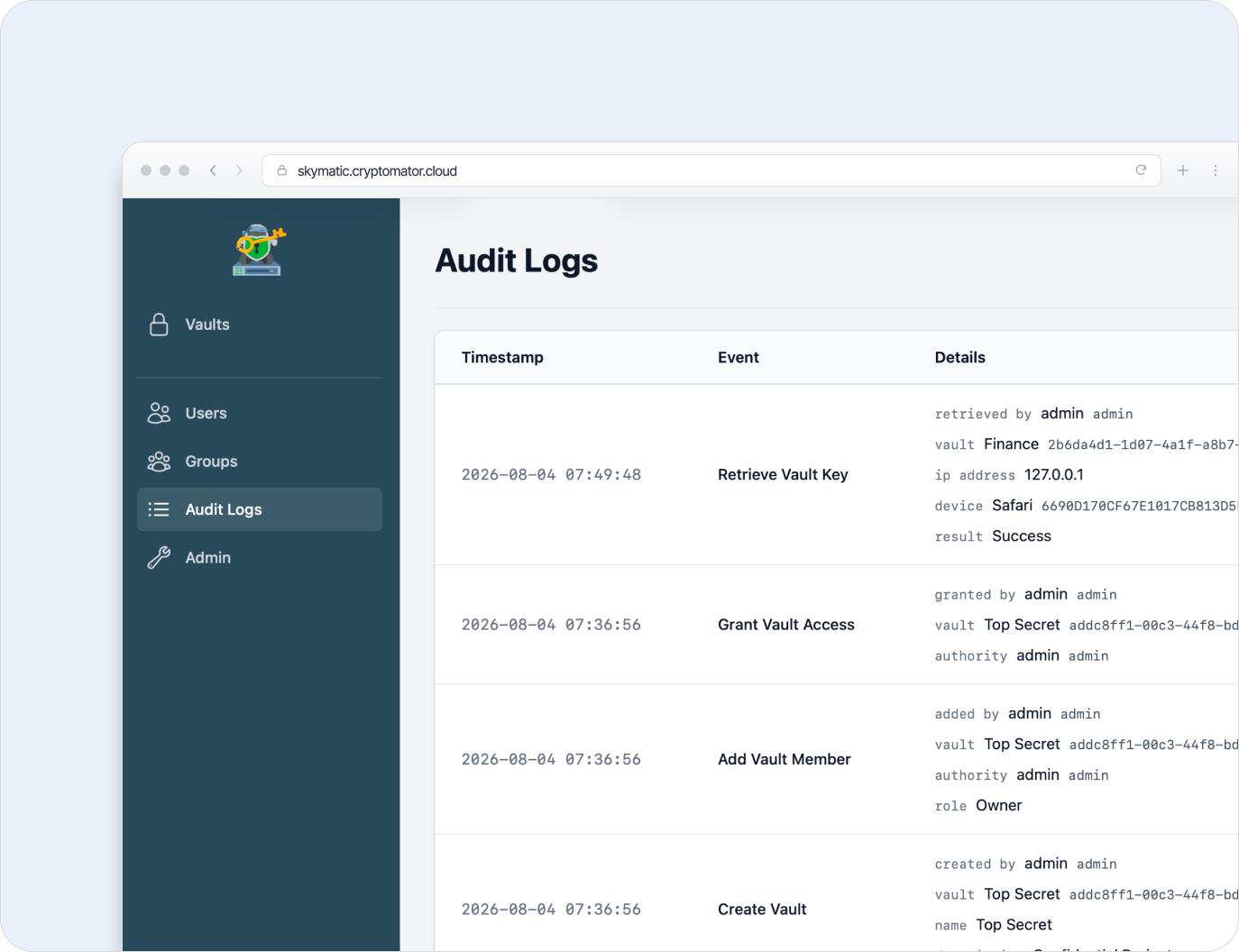 Audit log in Cryptomator Hub with recorded events