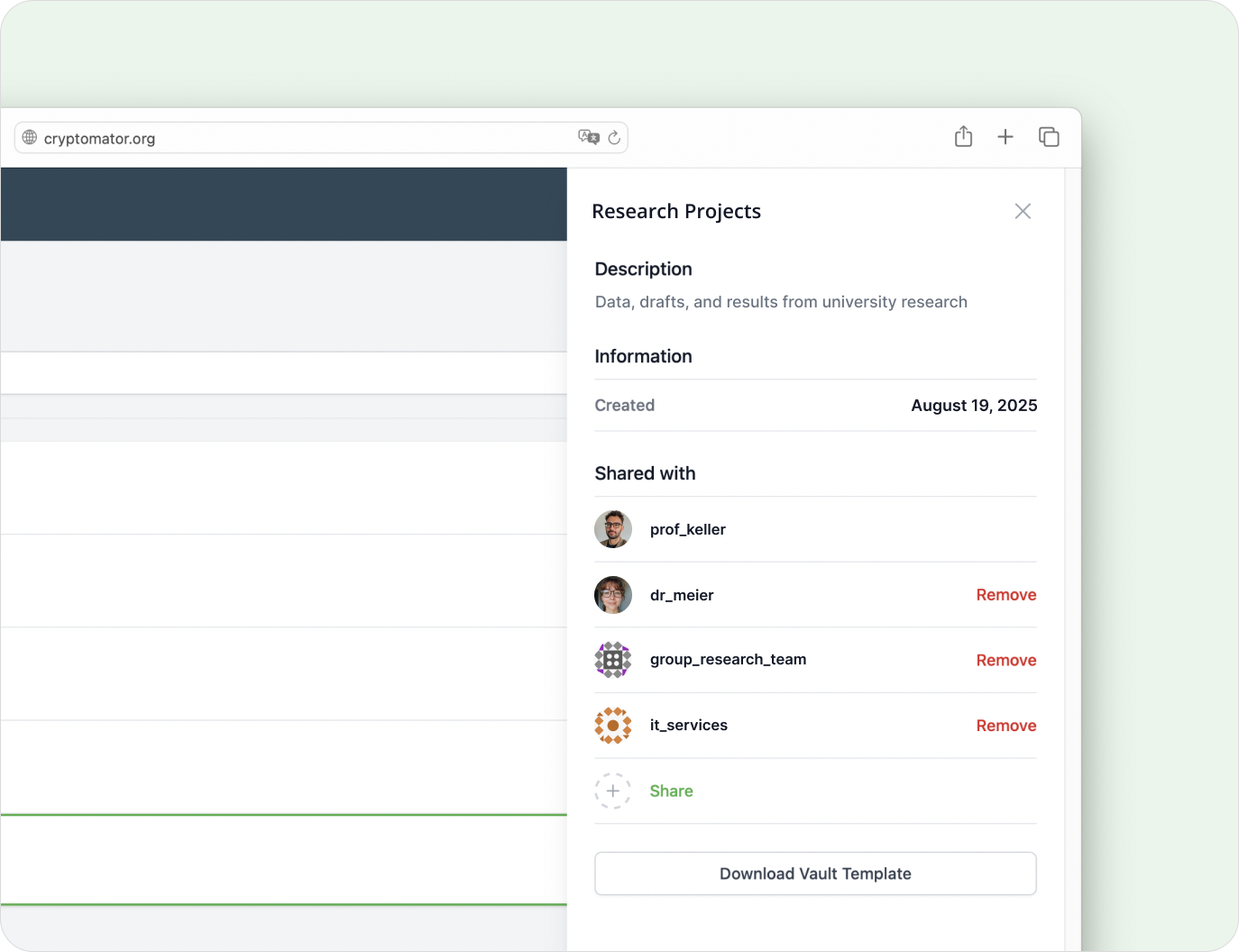 Vault sharing view showing user and group permissions for research data