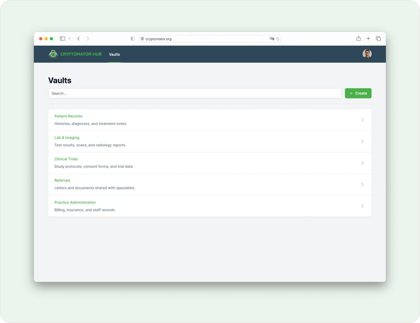 Cryptomator Hub showing encrypted vaults for patient records and clinical files