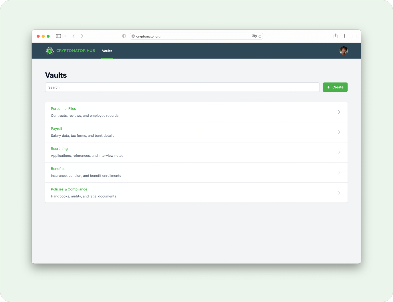 Cryptomator Hub showing encrypted vaults for personnel files and payroll data