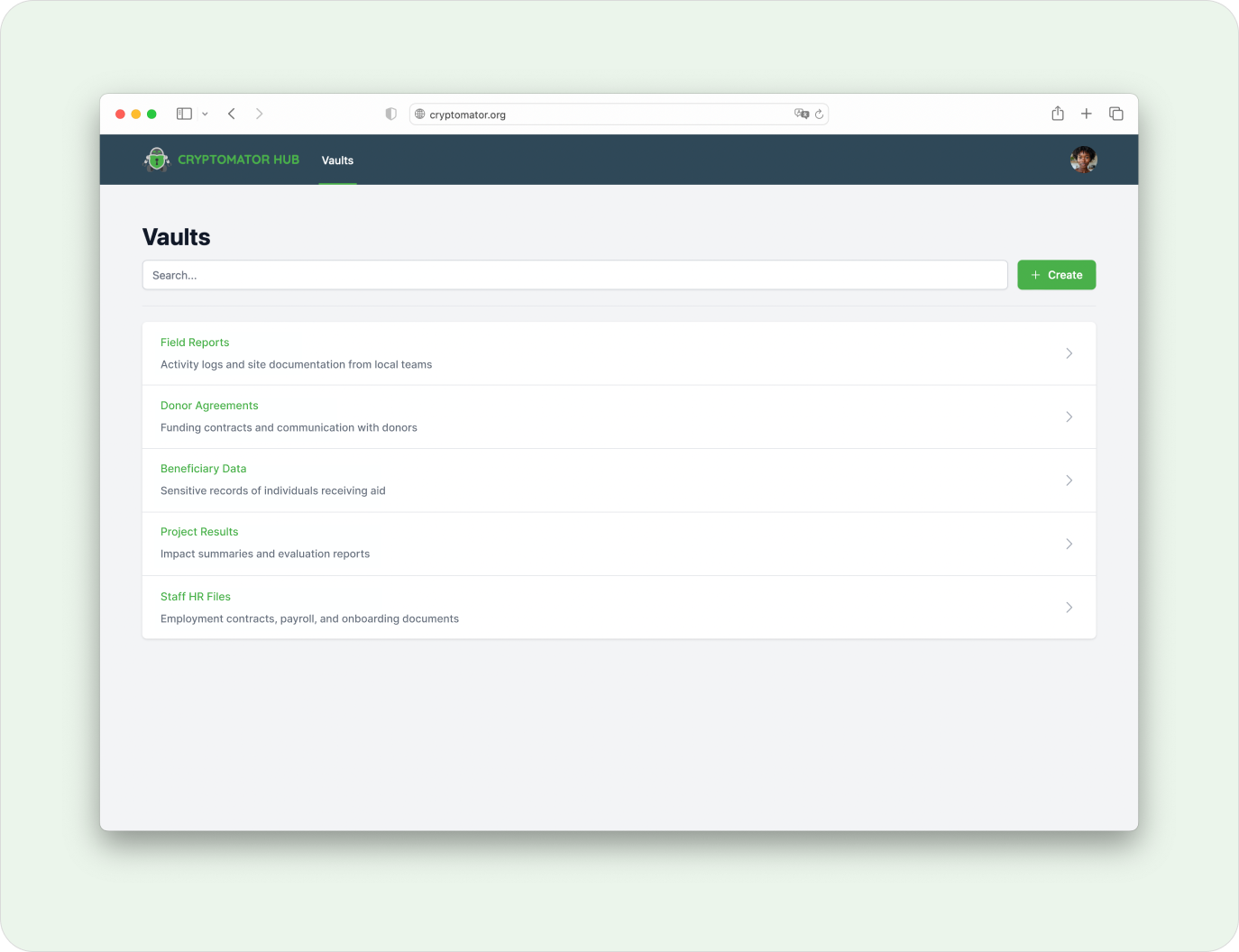 Cryptomator Hub displaying vaults for donor data, field reports, and project files