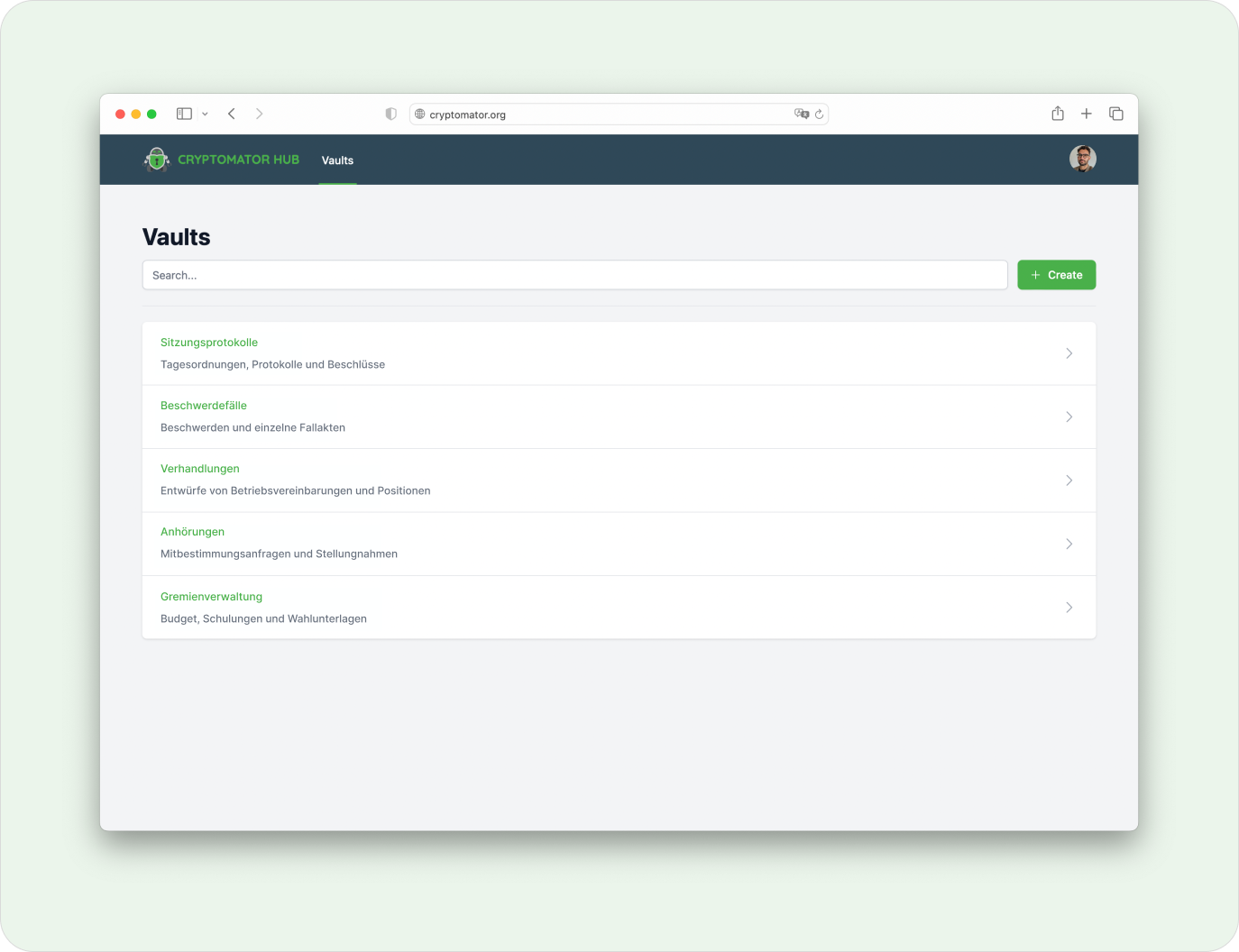 Cryptomator Hub zeigt verschlüsselte Vaults für Betriebsratsunterlagen und Fälle