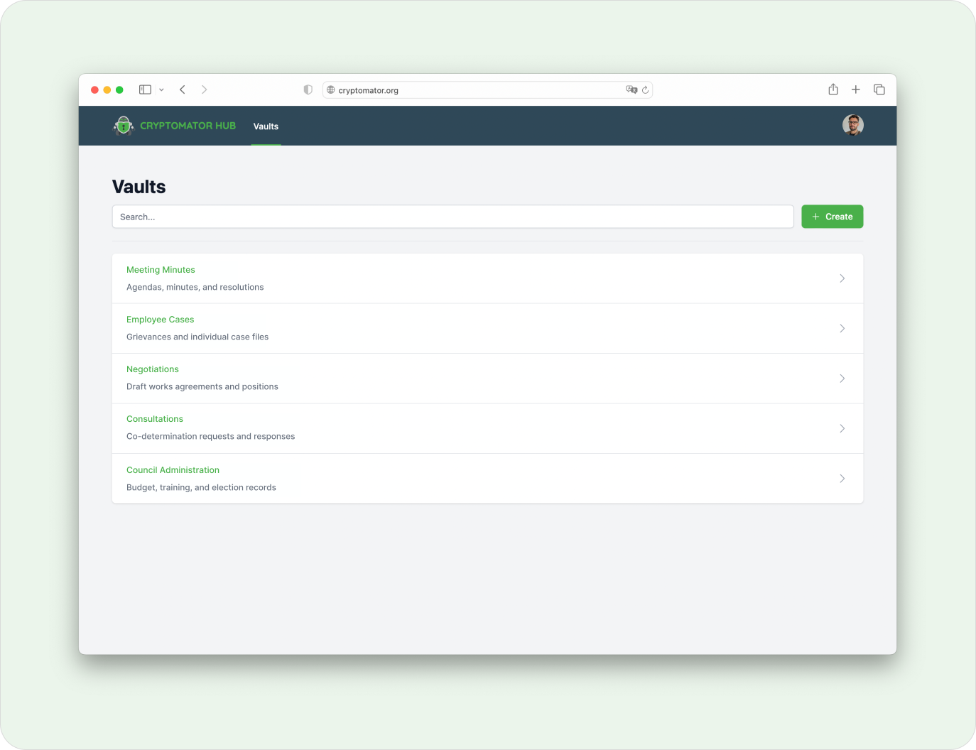 Cryptomator Hub showing encrypted vaults for works council records and casework